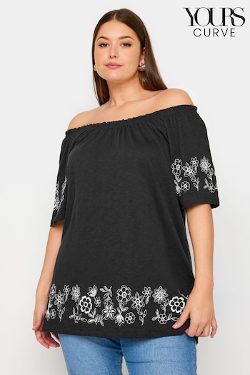 Yours Curve Black Embroidered Bardot Top (Y56484) | £26