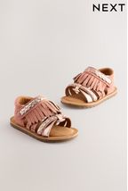 Tan Brown Suede Fringe Sandals