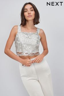 Silver Lace Sequin Tie Back Co Ord Top (100352) | 103 SAR