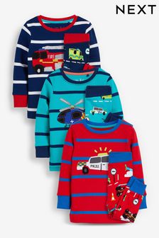 Albastru/roșu cu dungi și vehicule - Set de 3 pijamale confortabile (9 luni - 12 ani) (100544) | 240 LEI - 290 LEI