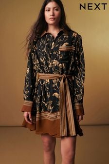 Black/Brown Placement Print Premium Long Sleeve Shirt Dress (101165) | DKK869