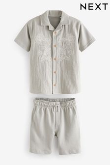 Grey Embroidered Jersey Shirt and Shorts Set (3-16yrs) (102875) | 104 QAR - 144 QAR