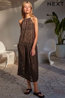 Chocolate Brown Jersey Crochet Maxi Summer Cover-up Dress (104300) | kr371