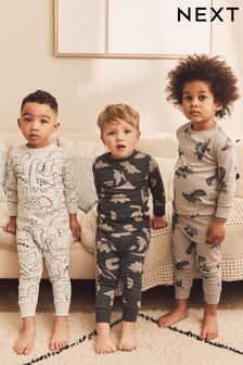 Neutral/Tan Brown Dinosaur Snuggle Pyjamas 3 Pack (9mths-10yrs) (105630) | $55 - $67