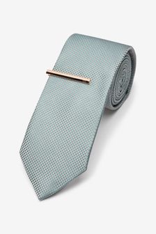 Sage Green Regular Textured Tie With Tie Clip (106524) | €18