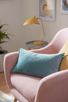 Teal Blue Soft Velour Pom Edge Rectangle Cushion