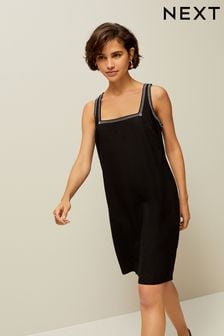 Negro - Minivestido recto con cuello cuadrado de lino (111497) | 33 €