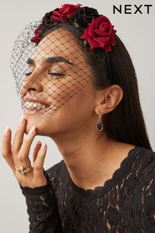 Black/Red Halloween Rose Headband With Veil (113054) | $23