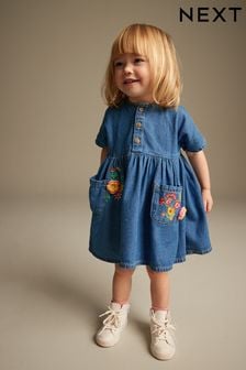 Blue Denim Embroidered Relaxed Cotton Dress (3mths-8yrs) (113434) | SGD 28 - SGD 39