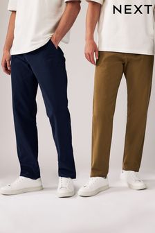 Granatowy/jasnobrązowy - Zestaw 2 par spodni typu chino z prostymi nogawkami ze stretchem (114274) | 255 zł