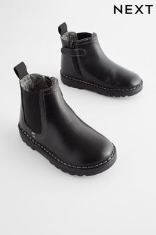 Black Wide Fit (G) Warm Lined Leather Chelsea Boots (115283) | SGD 56 - SGD 67