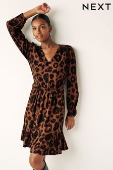Brown Long Sleeve Mini V-Neck Dress (115698) | kr301