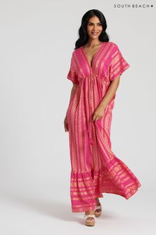 South Beach Pink Metallic Jacquard V-Neck Maxi Dress (116123) | 218 QAR