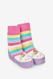 JoJo Maman Bébé Fuchsia Girls' Unicorn Moccasin Slipper Socks (116177) | 20 €