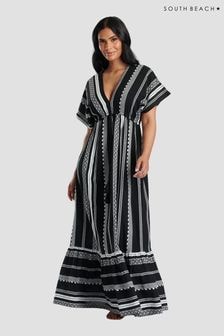 South Beach Black 100% Cotton Embroidered Jacquard V-Neck Tiered Maxi Dress (116241) | $72