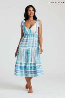 South Beach Blue Jacquard Tie Shoulder Below The Knee Dress (116539) | $64