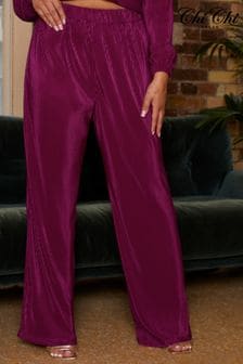 Chi Chi London Berry Red Elasticated Waist Wide Leg Plisse Trousers (117415) | SGD 87