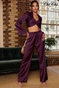 Chi Chi London Purple Elasticated Waist Wide Leg Plisse Trousers (117475) | $99