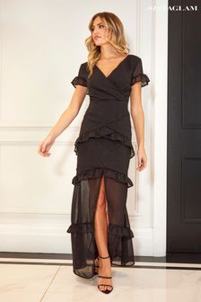Sistaglam Black Chiffon Dobby Lurex Ruffle Dress With Front Split (117540) | €133