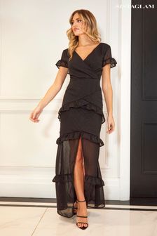 Sistaglam Chiffon Dobby Metallic Ruffle Dress With Front Split