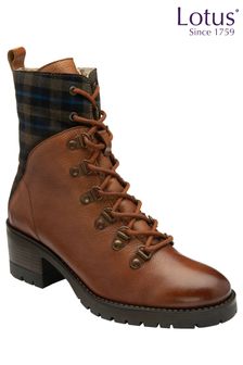 Lotus Brown Leather & Check-Print Zip-Up Ankle Boots (117649) | €129