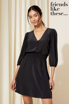 Friends Like These Black Shirred Waist 3/4 Sleeve Mini Dress (117807) | AED189