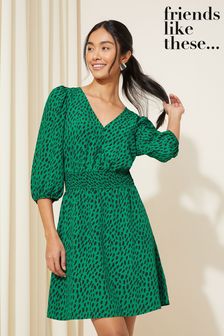Friends Like These Green Shirred Waist 3/4 Sleeve Mini Dress (117809) | OMR19