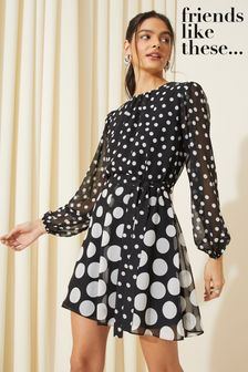 Friends Like These Black Spot Chiffon Tiered Belted Mini Dress (117973) | OMR23