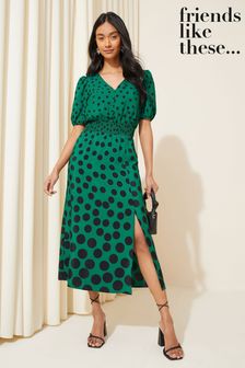 Friends Like These Green Polka Dot Puff Sleeve Ruched Waist V Neck Midi Summer Dress (118132) | OMR20