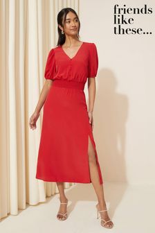 Friends Like These Bright Red Puff Sleeve Ruched Waist V Neck Midi Summer Dress (118162) | 188 QAR