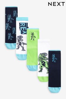 Blue/Green Fluro Dinosaurs Cotton Rich Socks 5 Pack (118628) | 333 UAH - 373 UAH