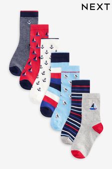 Blue/Red Nautical Stripe/Boat Cotton Rich Socks 7 Pack (118777) | €11 - €13