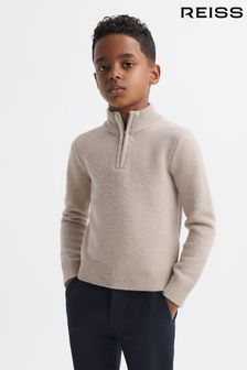 Reiss Oatmeal Melange Tempo Senior Slim Fit Knitted Half-Zip Funnel Neck Jumper (119133) | €64