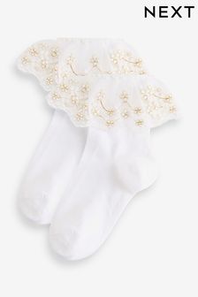 White Cotton Rich Bridesmaid Ruffle Ankle Socks 2 Pack (119414) | €6 - €7