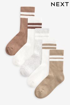 Neutral/Brown/White/Grey Cushioned Footbed Cotton Rich Ribbed Socks 5 Pack (119592) | BGN 23 - BGN 32
