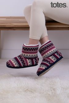 Totes Ladies Fair Isle Knit Boot Slippers