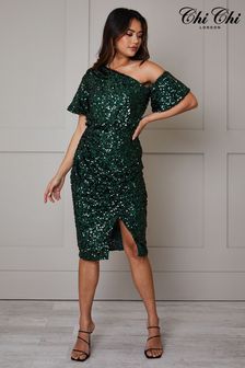 Chi Chi London Green One Shoulder Ruched Sequin Midi Dress (120667) | 150 €