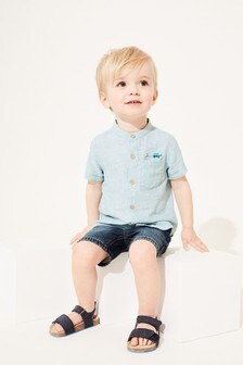 Chemise en lin mélangé à manches courtes et col grand-père (3 mois - 7 ans)