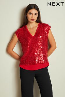 Red Short Sleeve V-Neck Sequin Top (121403) | $44