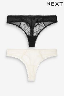 Black/Cream Thong Embroidered Knickers 2 Pack (122819) | SGD 15