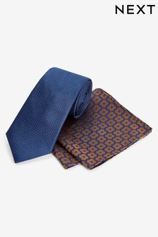 Navy Blue/Rust Brown Geometric Silk Tie And Pocket Square Set (122878) | €10