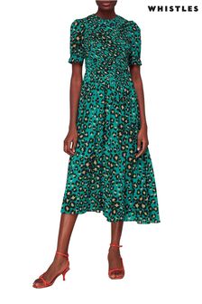 Whistles Green Painted Leopard Shirred Dress (125732) | 596 zł