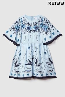 Reiss Blue Ania Teen Printed Flared Sleeve Dress (125952) | 728 QAR