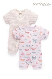 Purebaby Pink Butterfly Print Zip Rompers 2 Pack (126784) | AED155