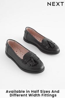 Black Standard Fit (F) School Leather Tassel Loafers (127522) | $54 - $66