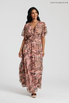 South Beach Natural Metallic Chiffon Button Detail Midi Dress (127612) | $75