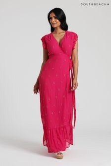 South Beach Pink Sequin Detail Wrap Midi Dress (127683) | $75