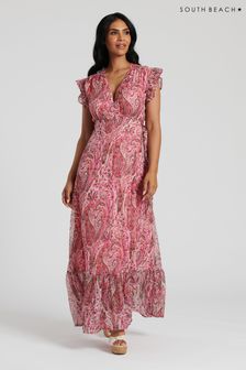 South Beach Pink Metallic Print Wrap Midi Dress (127701) | kr571