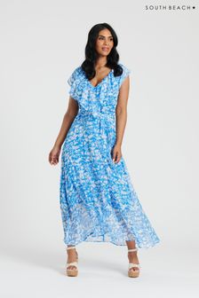 South Beach Blue Chiffon Print Frill Neck Wrap Midi Dress (127881) | SGD 89