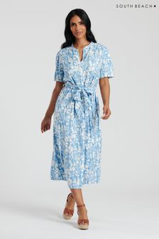 South Beach Blue Midi Tie Waist Shirt Dress (127886) | 228 QAR